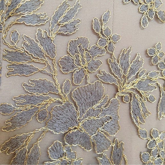 TADASHI SHOJI TOMETI tan gold green EMBROIDERED TULLE GOWN v-neck maxi dress - Picture 10 of 14